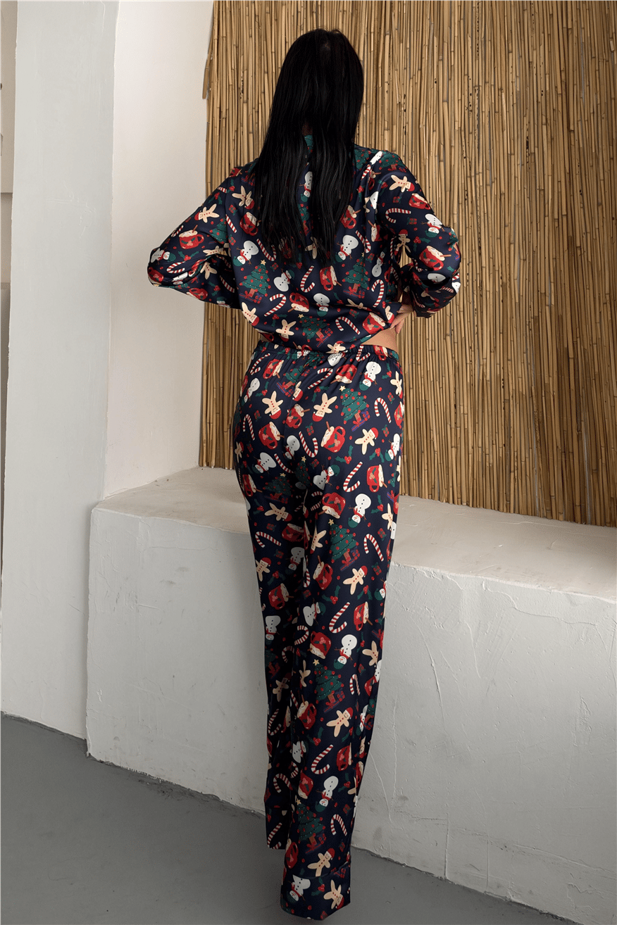 Soffice Inverno Yılbaşı Temalı Saten Uzun Pijama Takımı SNV8706