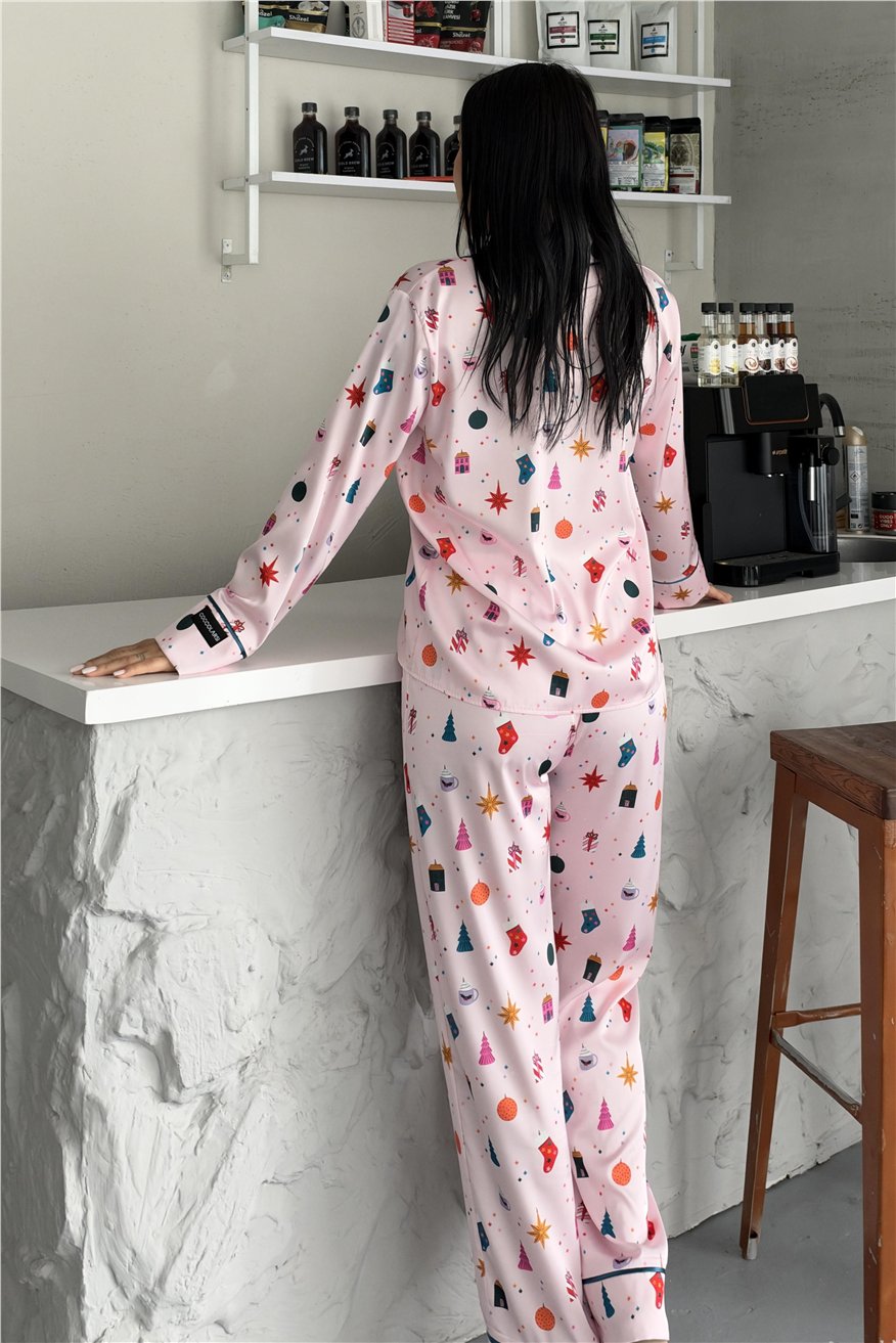 Soffice Inverno Yılbaşı Temalı Saten Uzun Pijama Takımı SNV8702