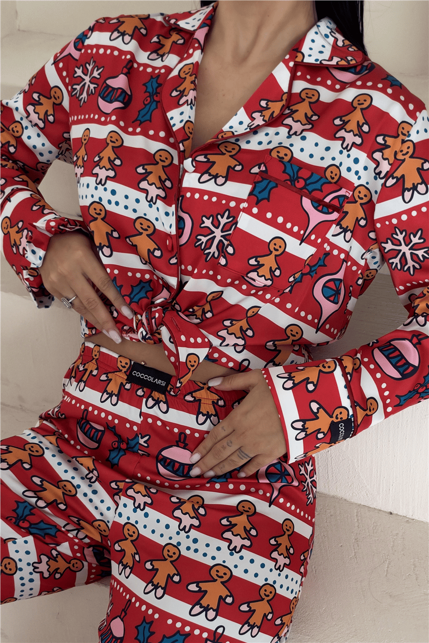 Soffice Inverno Yılbaşı Temalı Saten Uzun Pijama Takımı SNV8705