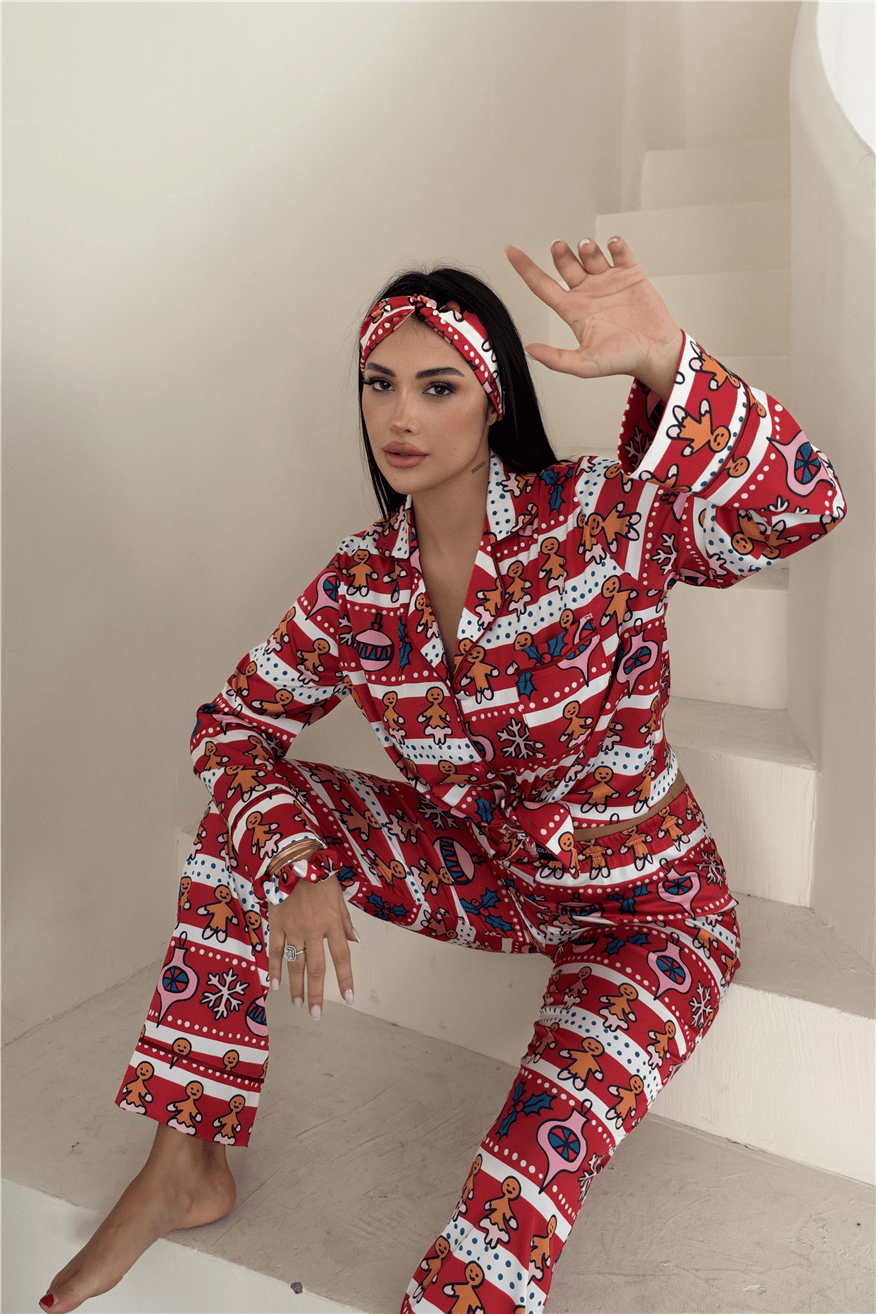 Soffice Inverno Yılbaşı Temalı Saten Uzun Pijama Takımı SNV8705