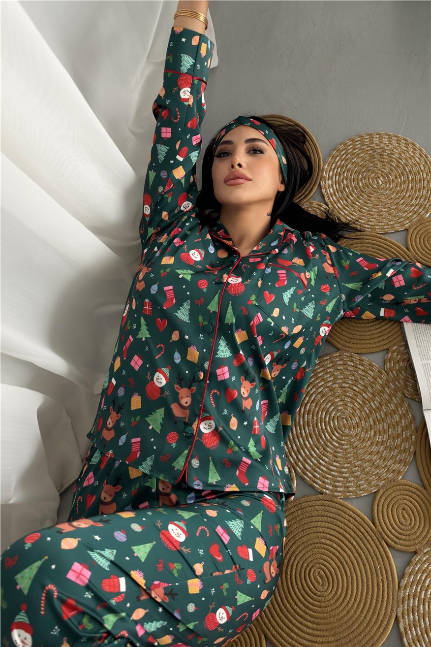 Soffice Inverno Yılbaşı Temalı Saten Uzun Pijama Takımı SNV8708