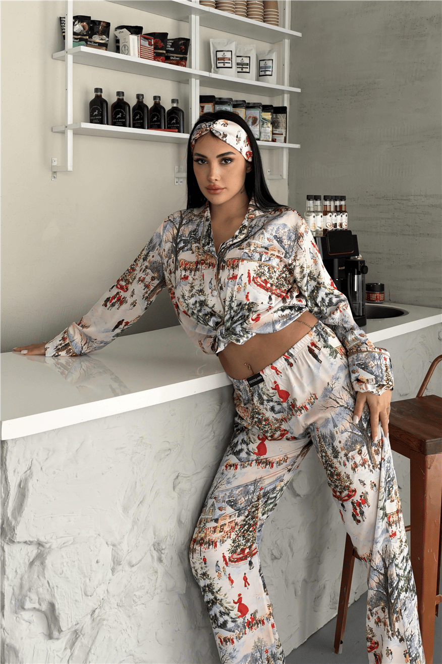 Soffice Inverno Yılbaşı Temalı Saten Uzun Pijama Takımı SNV8701