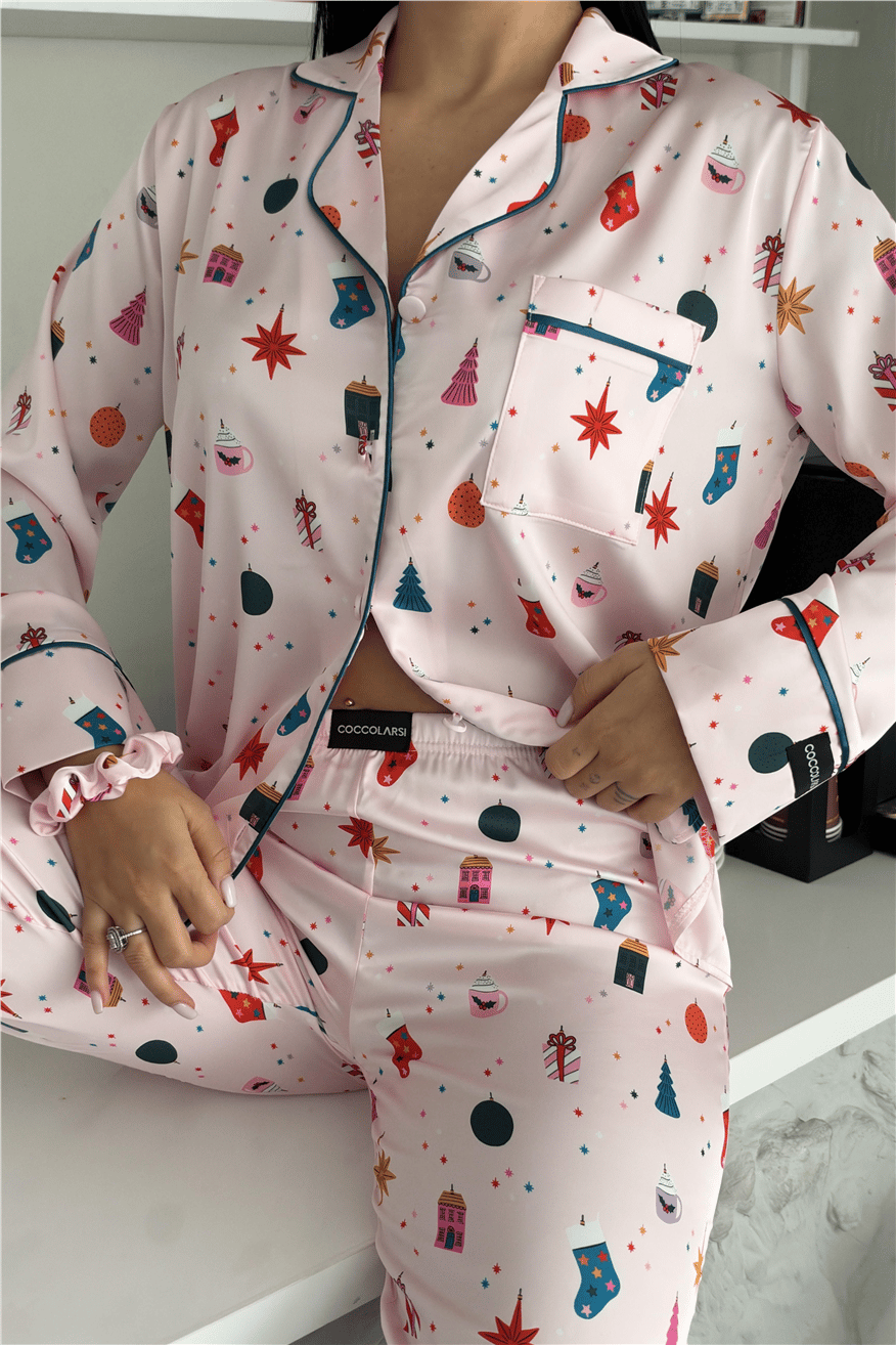 Soffice Inverno Yılbaşı Temalı Saten Uzun Pijama Takımı SNV8702