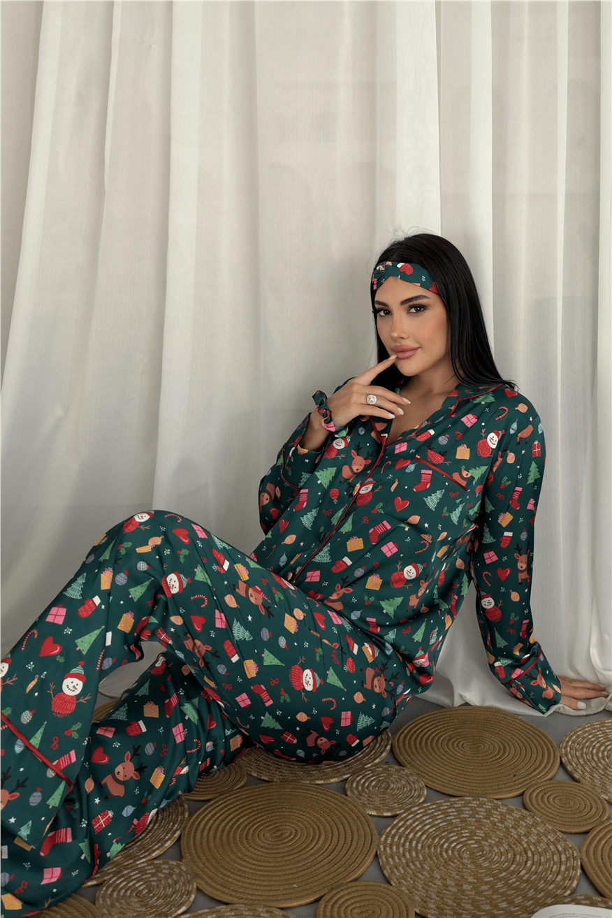 Soffice Inverno Yılbaşı Temalı Saten Uzun Pijama Takımı SNV8708