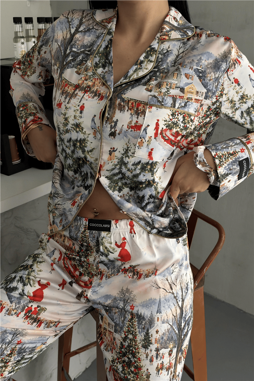 Soffice Inverno Yılbaşı Temalı Saten Uzun Pijama Takımı SNV8701