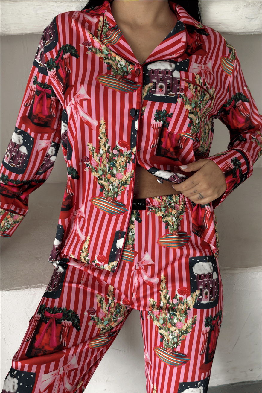 Soffice Inverno Yılbaşı Temalı Saten Uzun Pijama Takımı SNV8709