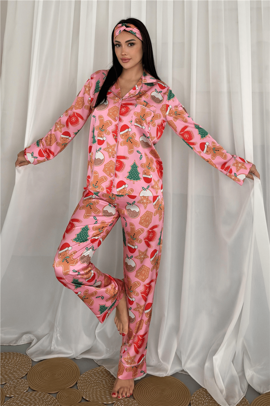 Soffice Inverno Yılbaşı Temalı Saten Uzun Pijama Takımı SNV8707