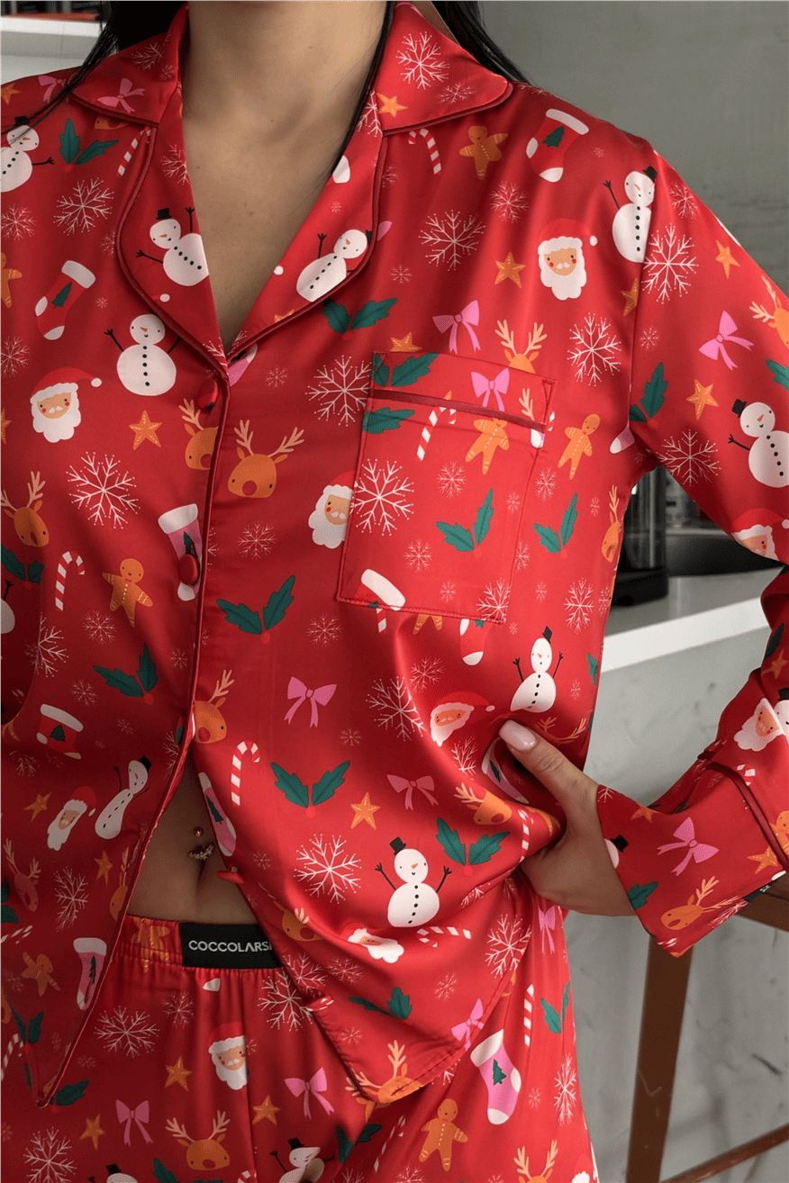 Soffice Inverno Yılbaşı Temalı Saten Uzun Pijama Takımı SNV8704