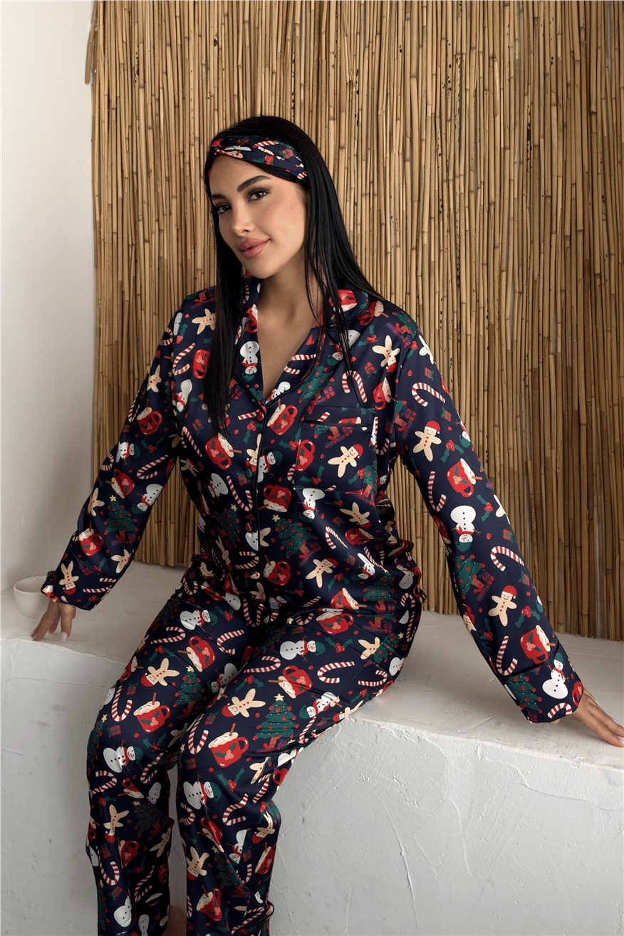 Soffice Inverno Yılbaşı Temalı Saten Uzun Pijama Takımı SNV8706