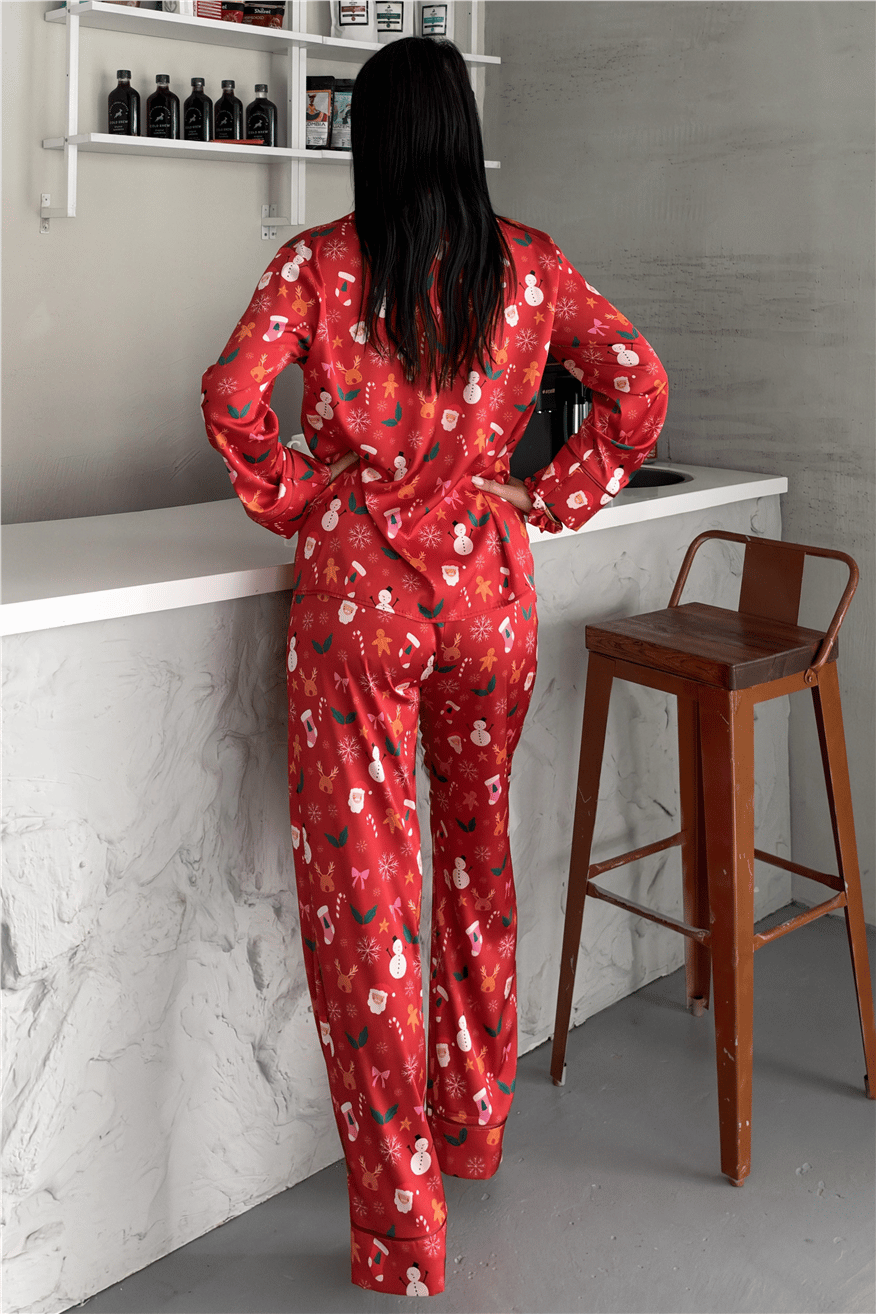 Soffice Inverno Yılbaşı Temalı Saten Uzun Pijama Takımı SNV8704