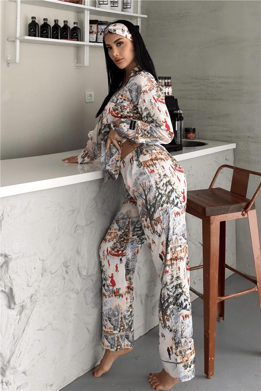 Soffice Inverno Yılbaşı Temalı Saten Uzun Pijama Takımı SNV8701