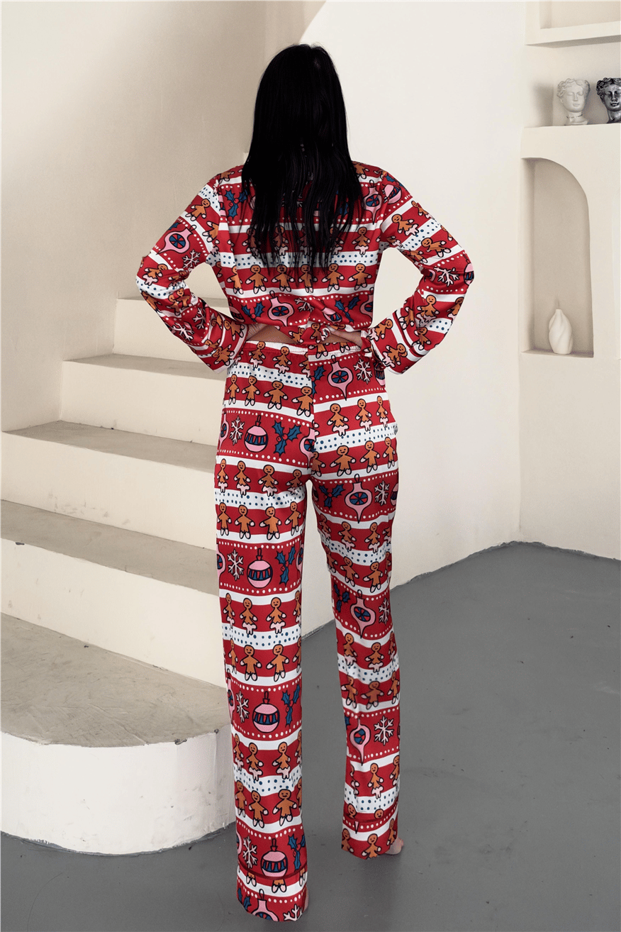 Soffice Inverno Yılbaşı Temalı Saten Uzun Pijama Takımı SNV8705
