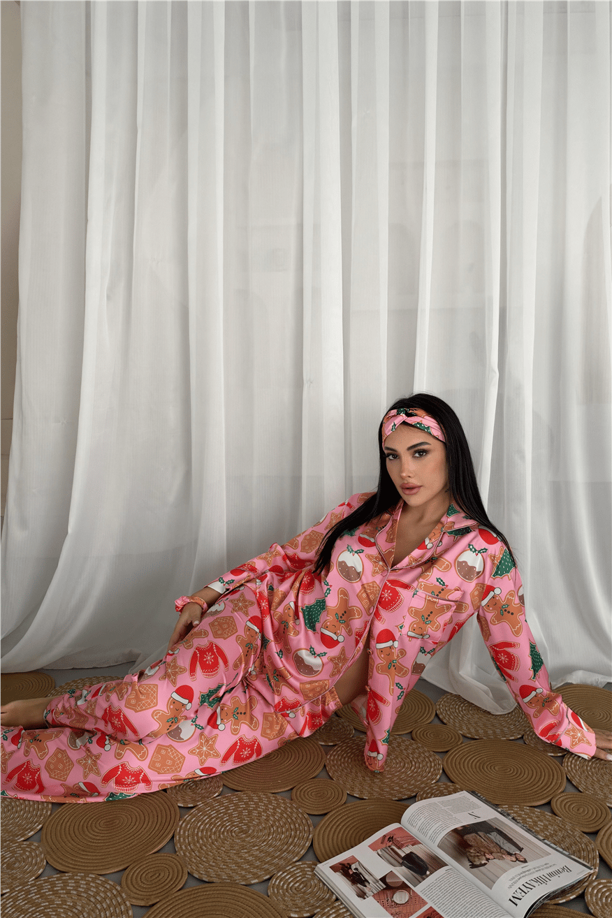 Soffice Inverno Yılbaşı Temalı Saten Uzun Pijama Takımı SNV8707