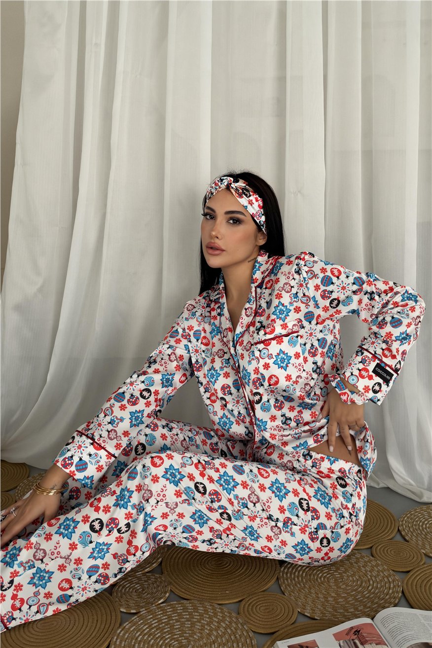 Soffice Inverno Yılbaşı Temalı Saten Uzun Pijama Takımı SNV8713
