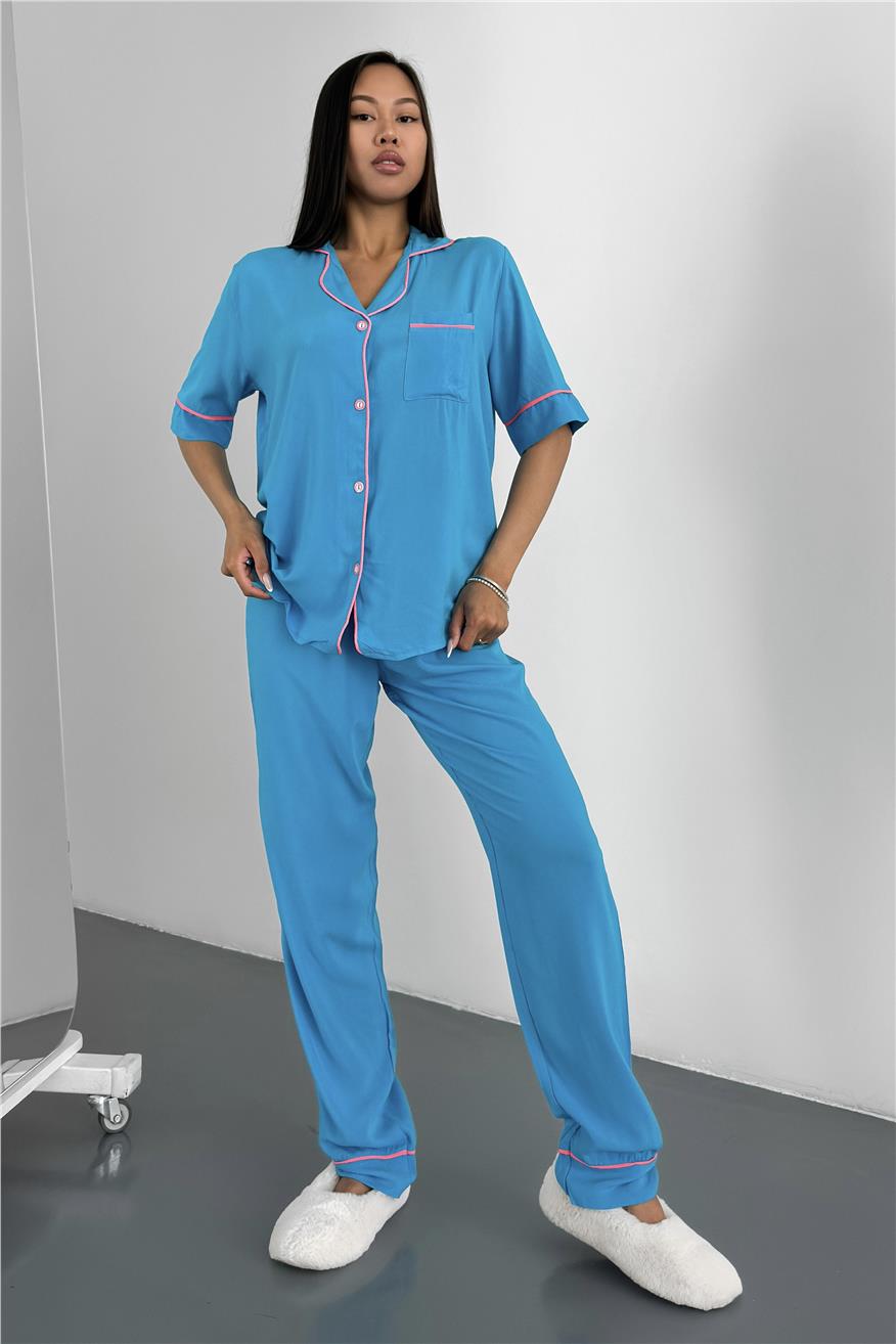 Sonno Luce Mavi Viskon Kısa Kol Pantolon Pijama Takımı