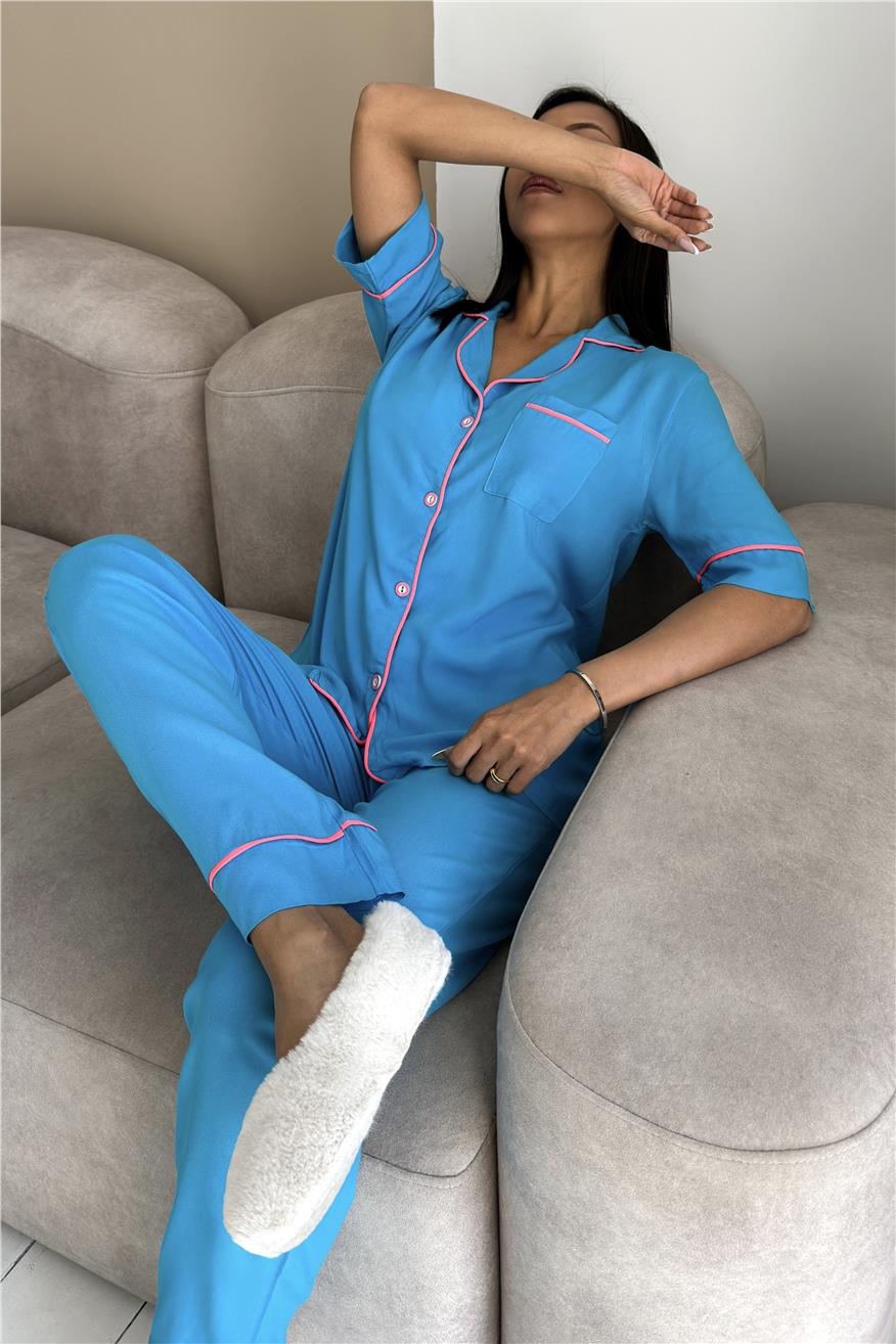 Sonno Luce Mavi Viskon Kısa Kol Pantolon Pijama Takımı