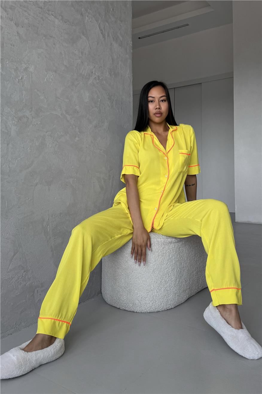 Sonno Luce Sarı Viskon Kısa Kol Pantolon Pijama Takımı