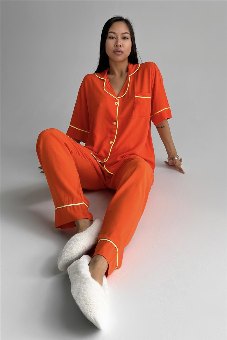 Sonno Luce Turuncu Viskon Kısa Kol Pantolon Pijama Takımı