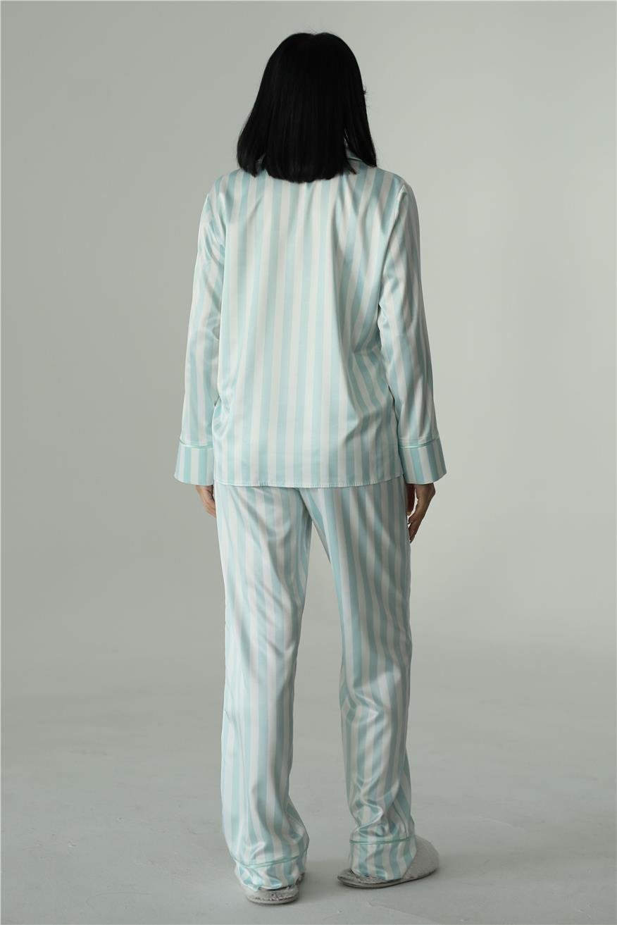 Strisce Bianco Azzurro Saten Uzun Pijama Takımı