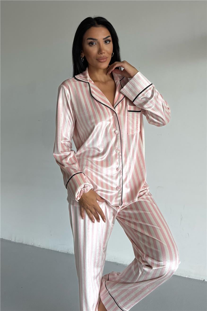 Strisce Rosa Chiaro Bianco Kadife Uzun Pijama Takımı