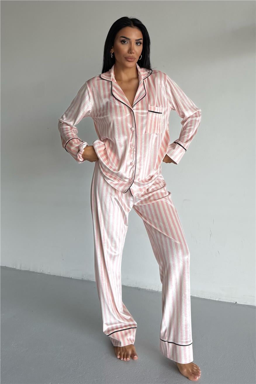 Strisce Rosa Chiaro Bianco Kadife Uzun Pijama Takımı