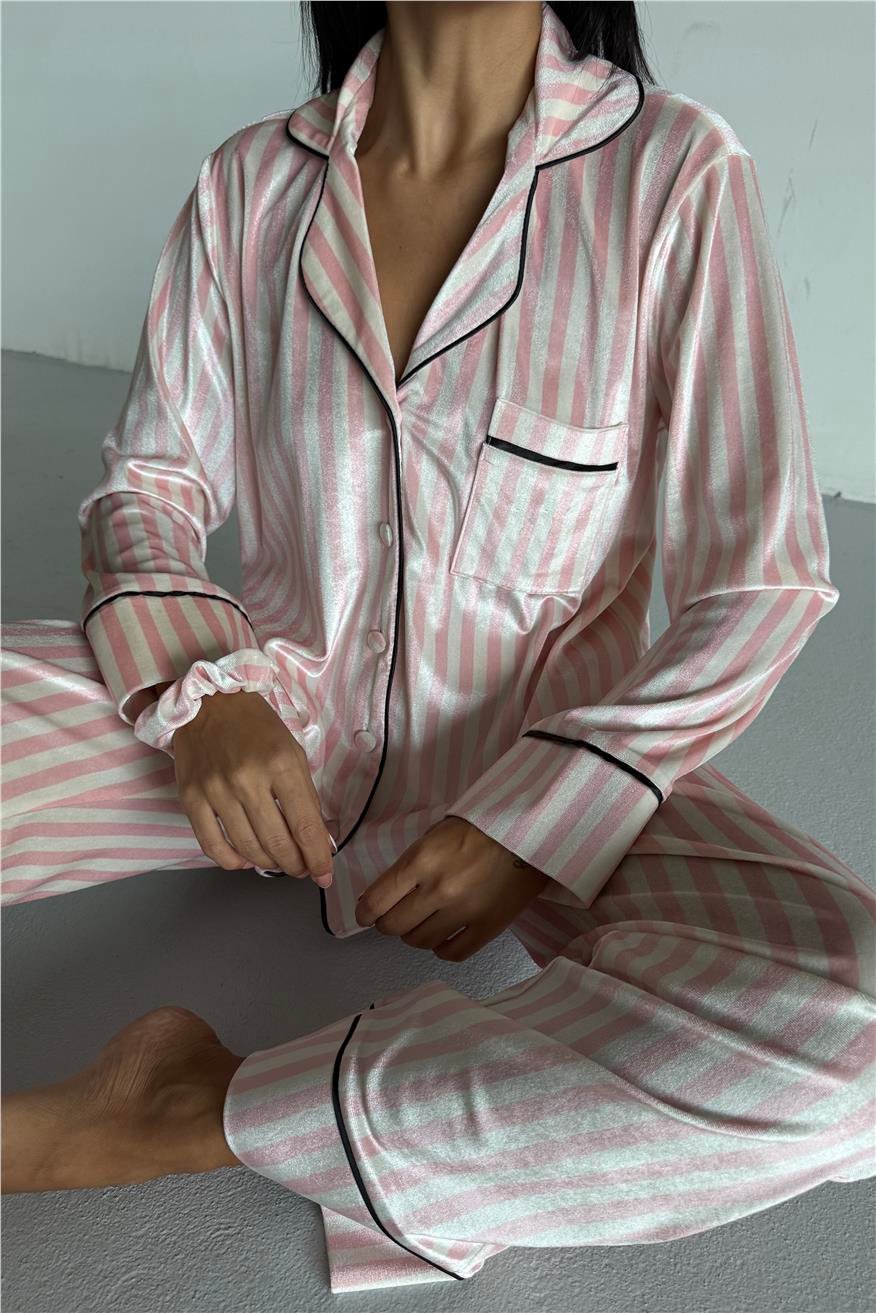 Strisce Rosa Chiaro Bianco Kadife Uzun Pijama Takımı