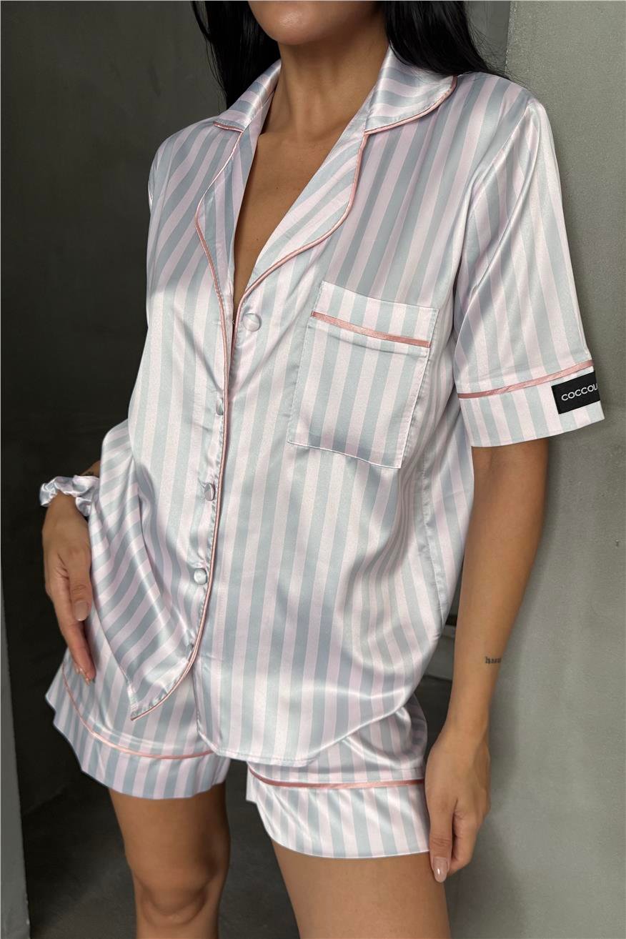 Strisce Rosa Chiaro Grigio Kısa Lastik Bel Pijama Takımı