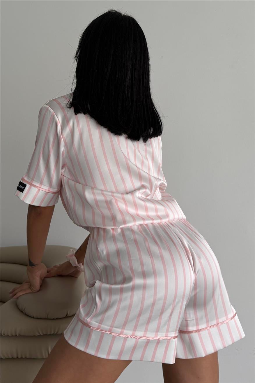 Strisce Rosa Chiaro Saten Kısa Pijama Takımı