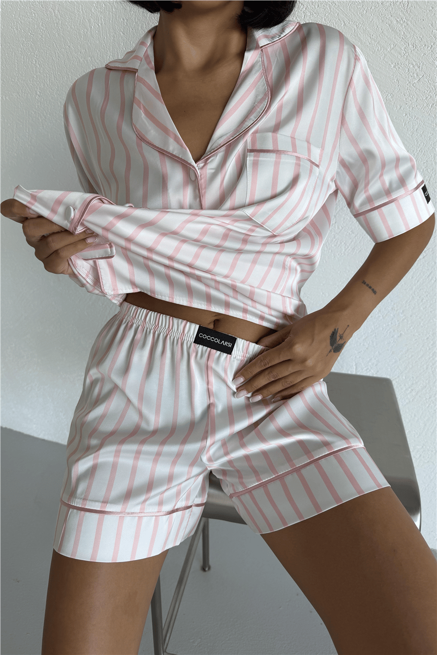 Strisce Rosa Chiaro Saten Kısa Pijama Takımı