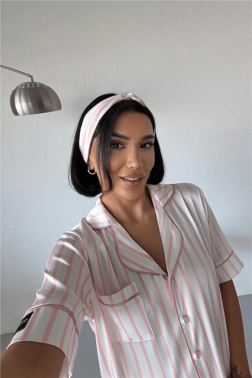 Strisce Rosa Chiaro Saten Kısa Pijama Takımı