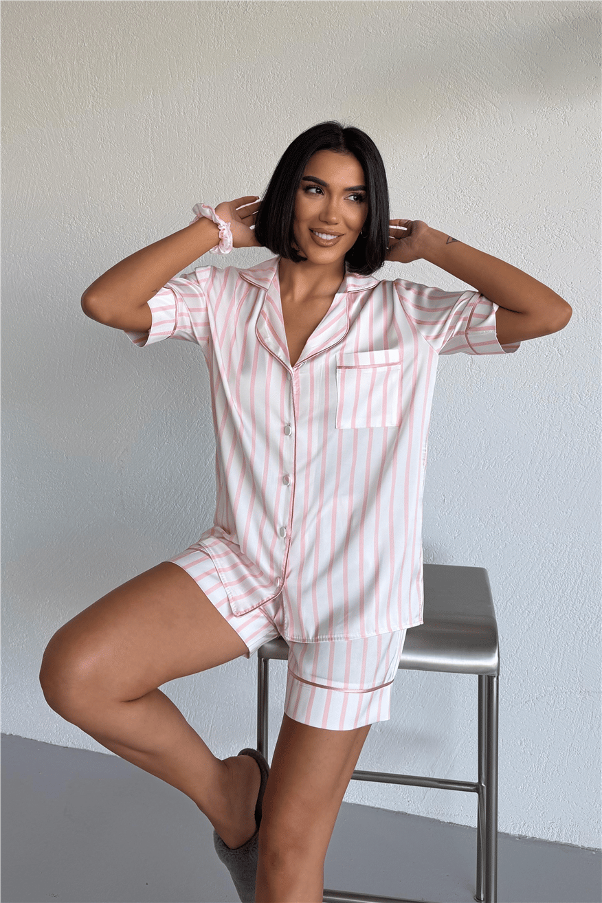 Strisce Rosa Chiaro Saten Kısa Pijama Takımı