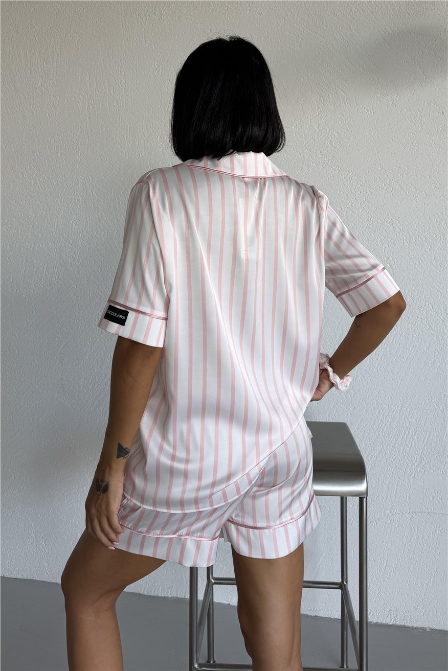 Strisce Rosa Chiaro Saten Kısa Pijama Takımı