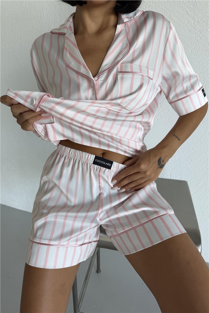 Strisce Rosa Chiaro Saten Kısa Pijama Takımı