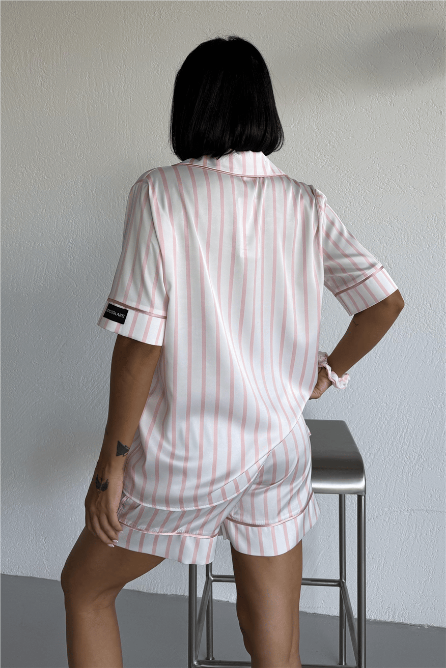 Strisce Rosa Chiaro Saten Kısa Pijama Takımı