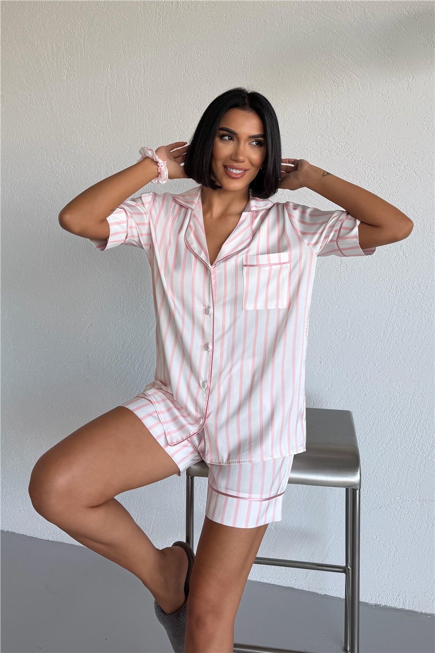 Strisce Rosa Chiaro Saten Kısa Pijama Takımı