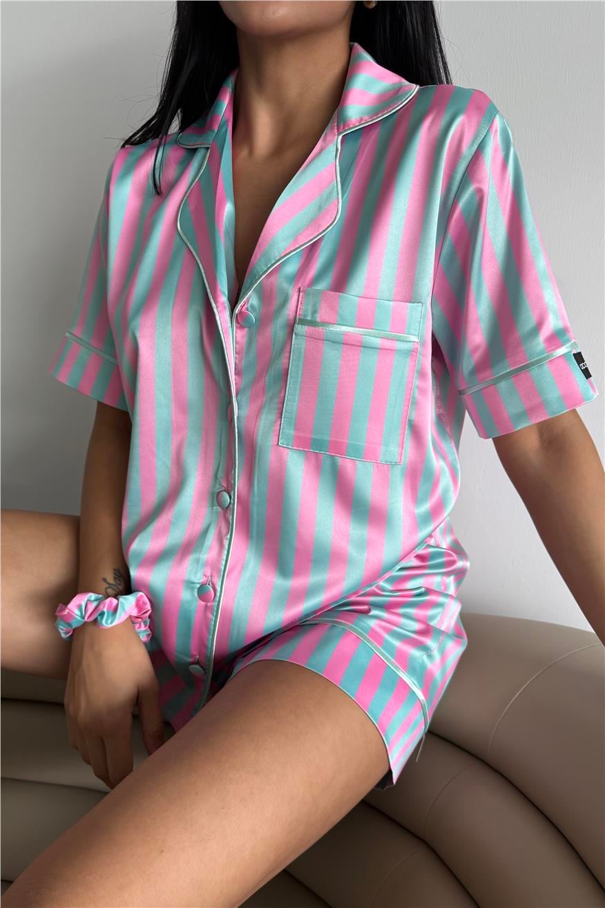 Strisce Rosa Menta Kısa Lastik Bel Pijama Takımı