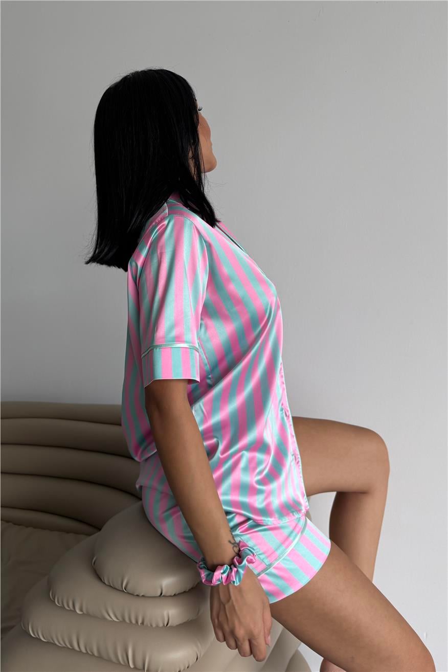 Strisce Rosa Menta Kısa Lastik Bel Pijama Takımı