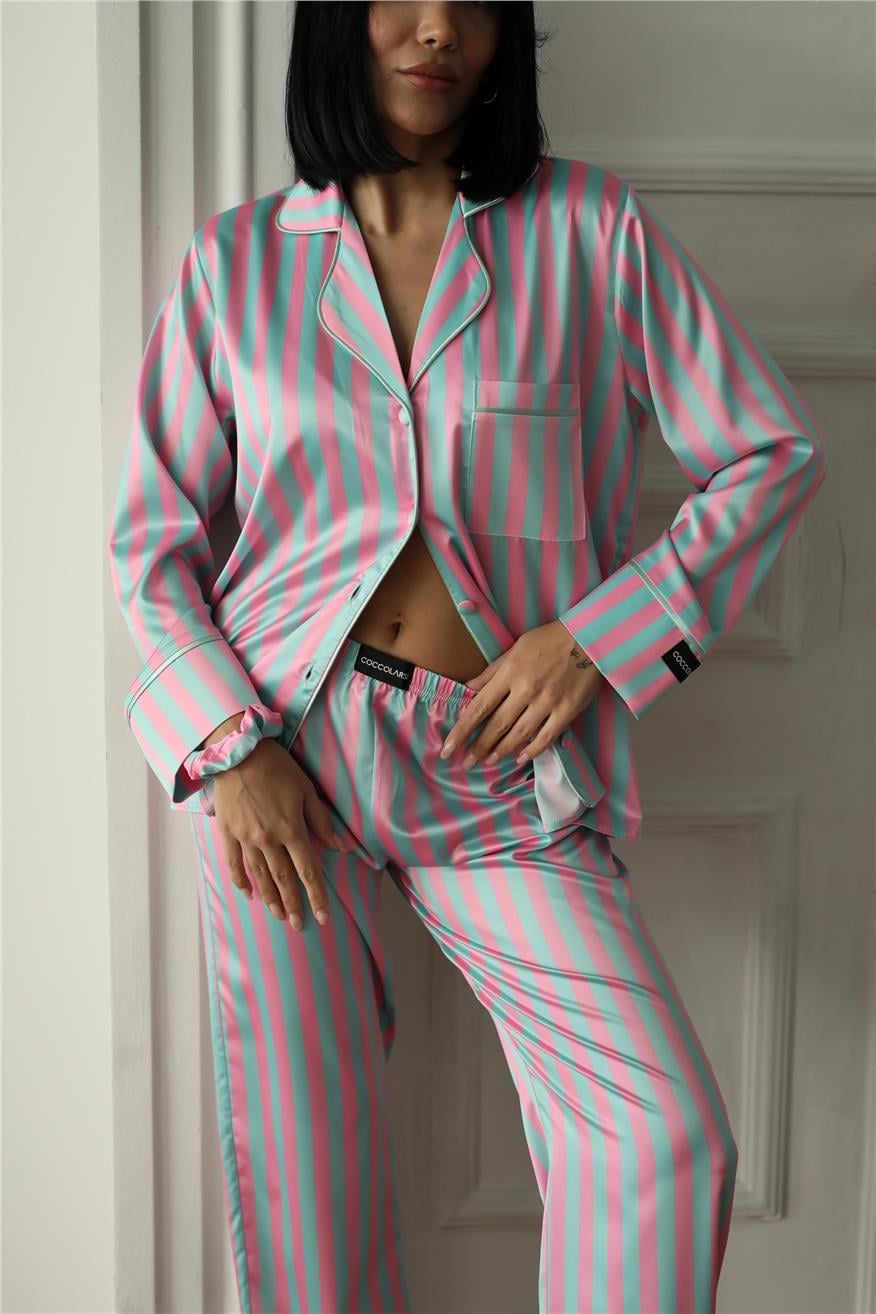 Strisce Rosa Menta Saten Uzun Pijama Takımı