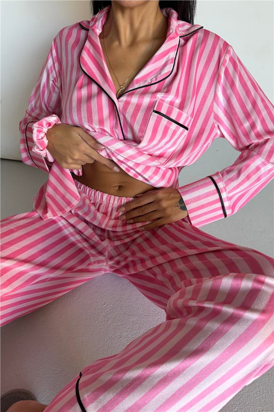 Strisce Rosa Scuro Chiaro Kadife Uzun Pijama Takımı