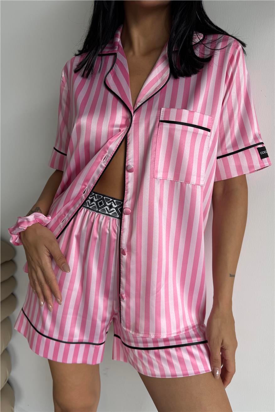 Strisce Rosa Scuro Chiaro Kısa Lastik Bel Pijama Takımı