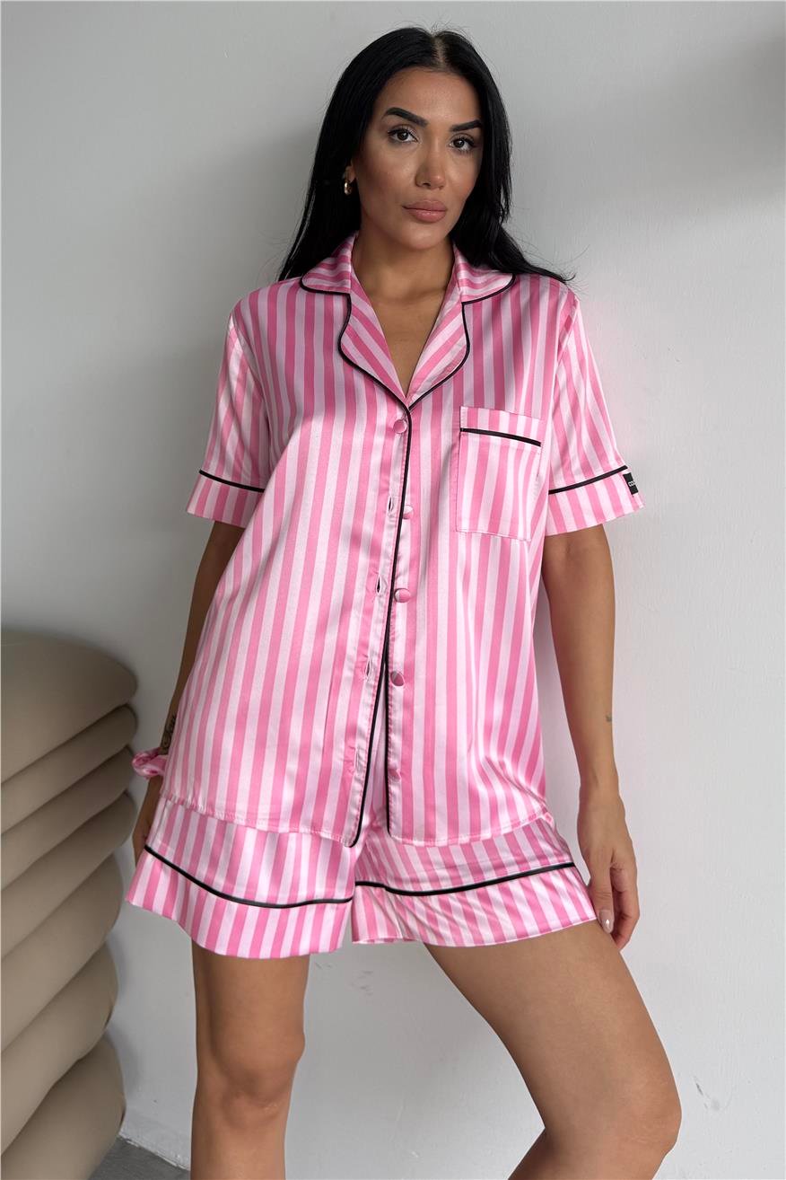 Strisce Rosa Scuro Chiaro Kısa Lastik Bel Pijama Takımı