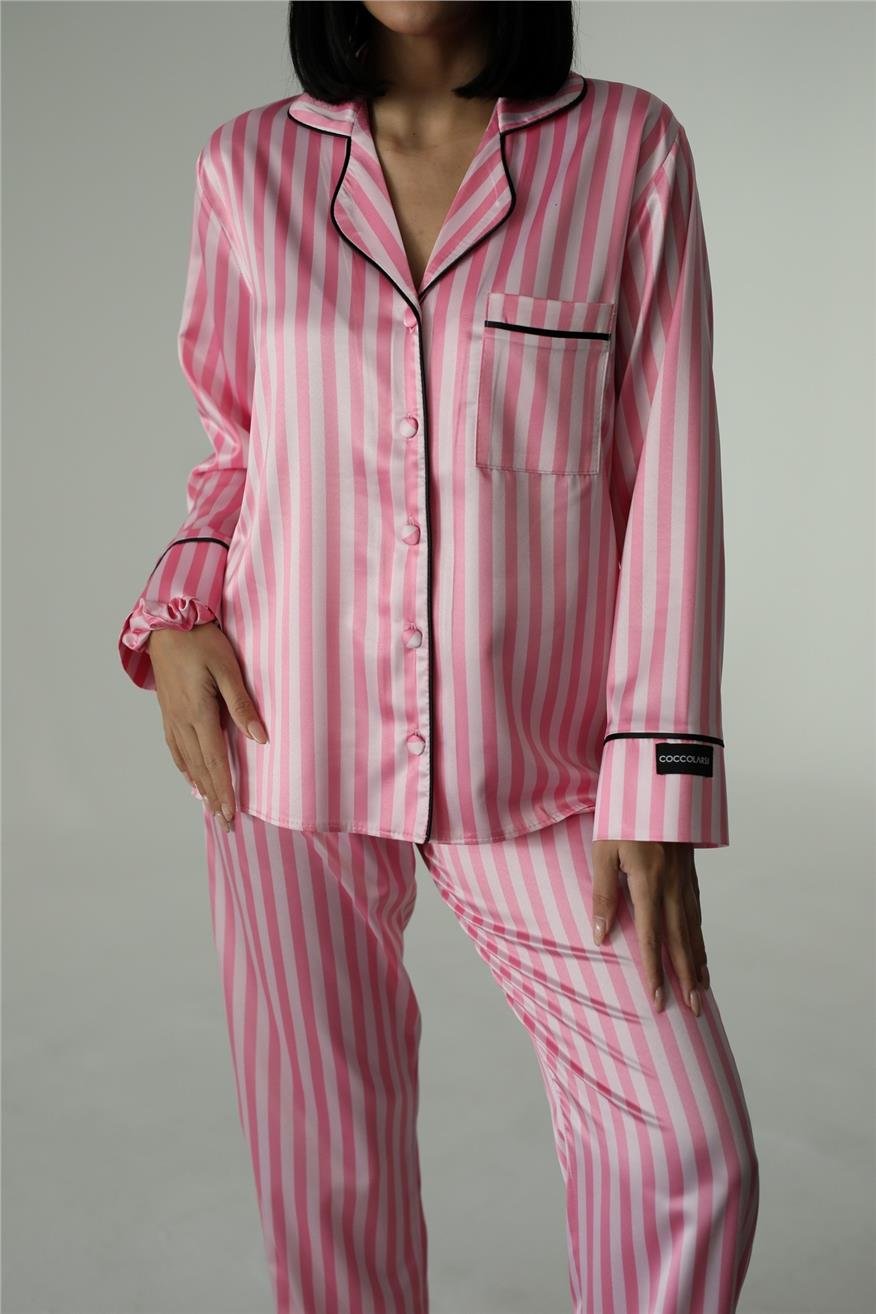 Strisce Rosa Scuro Chiaro Saten Uzun Pijama Takımı (Geniş Beden Aralığı)