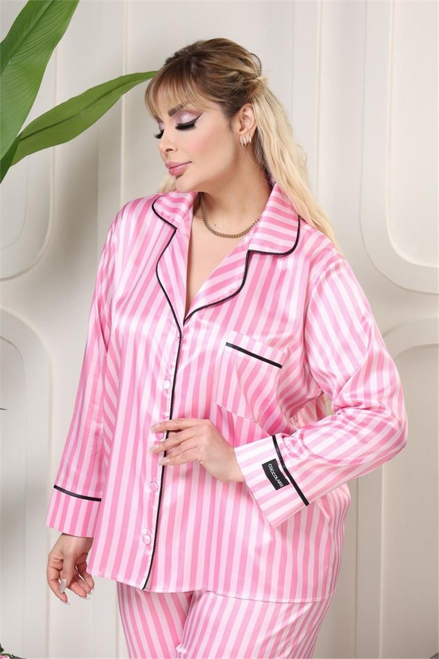 Strisce Rosa Scuro Chiaro Saten Uzun Pijama Takımı (Geniş Beden Aralığı)
