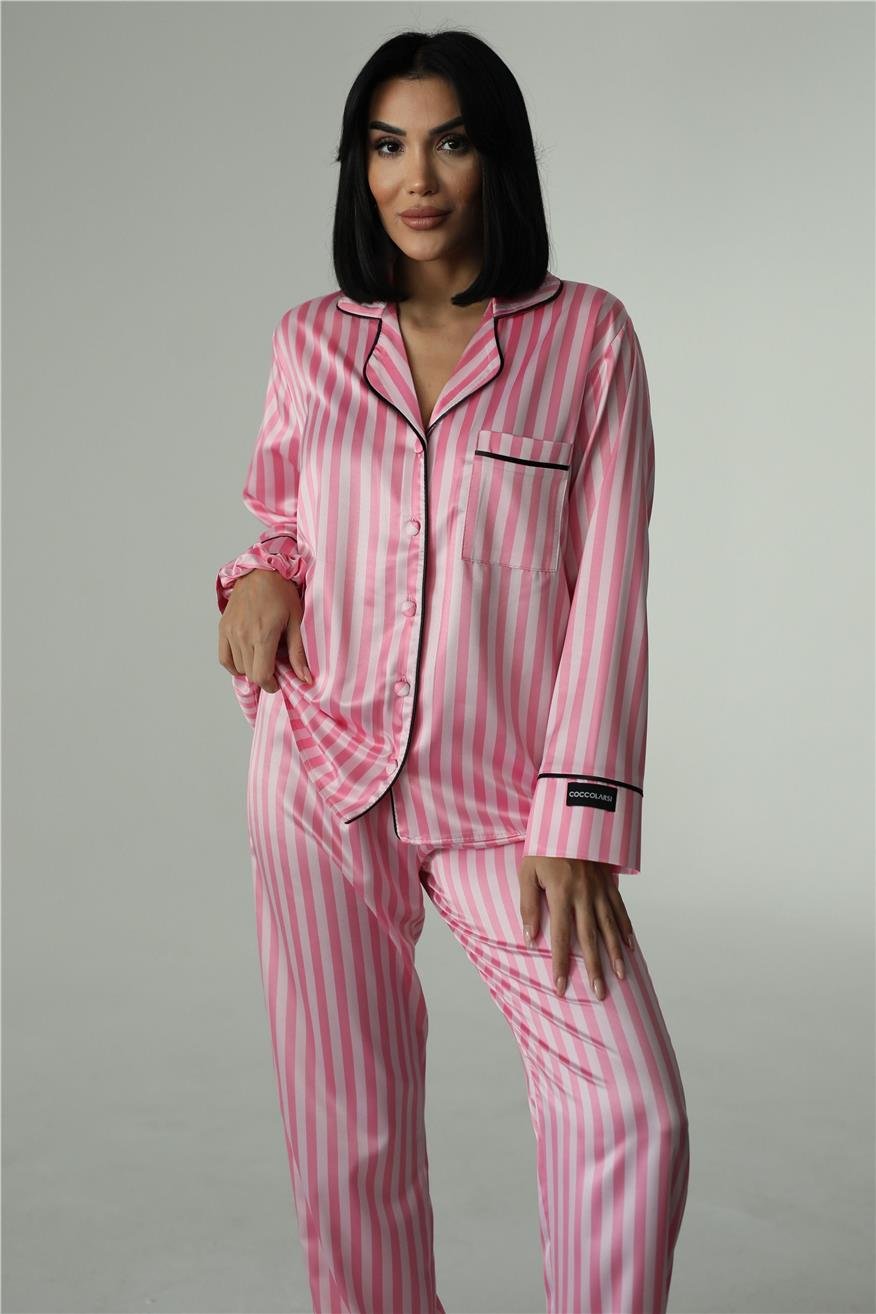 Strisce Rosa Scuro Chiaro Saten Uzun Pijama Takımı (Geniş Beden Aralığı)