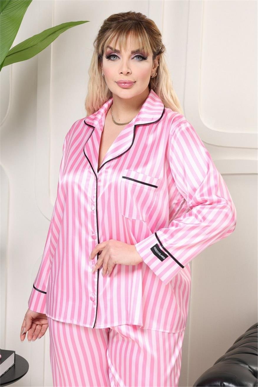 Strisce Rosa Scuro Chiaro Saten Uzun Pijama Takımı (Geniş Beden Aralığı)