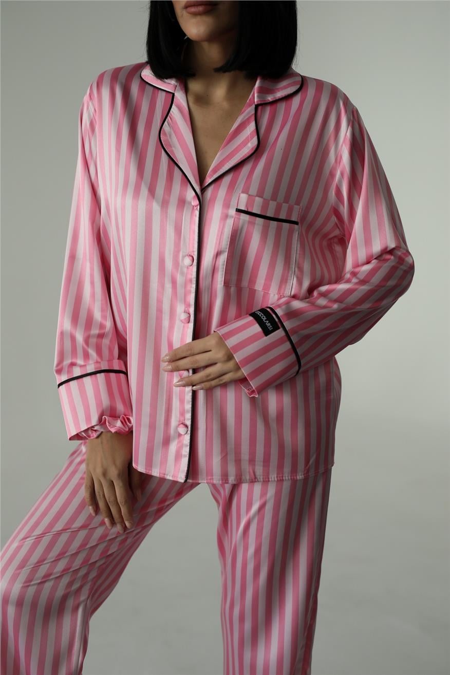Strisce Rosa Scuro Chiaro Saten Uzun Pijama Takımı (Geniş Beden Aralığı)