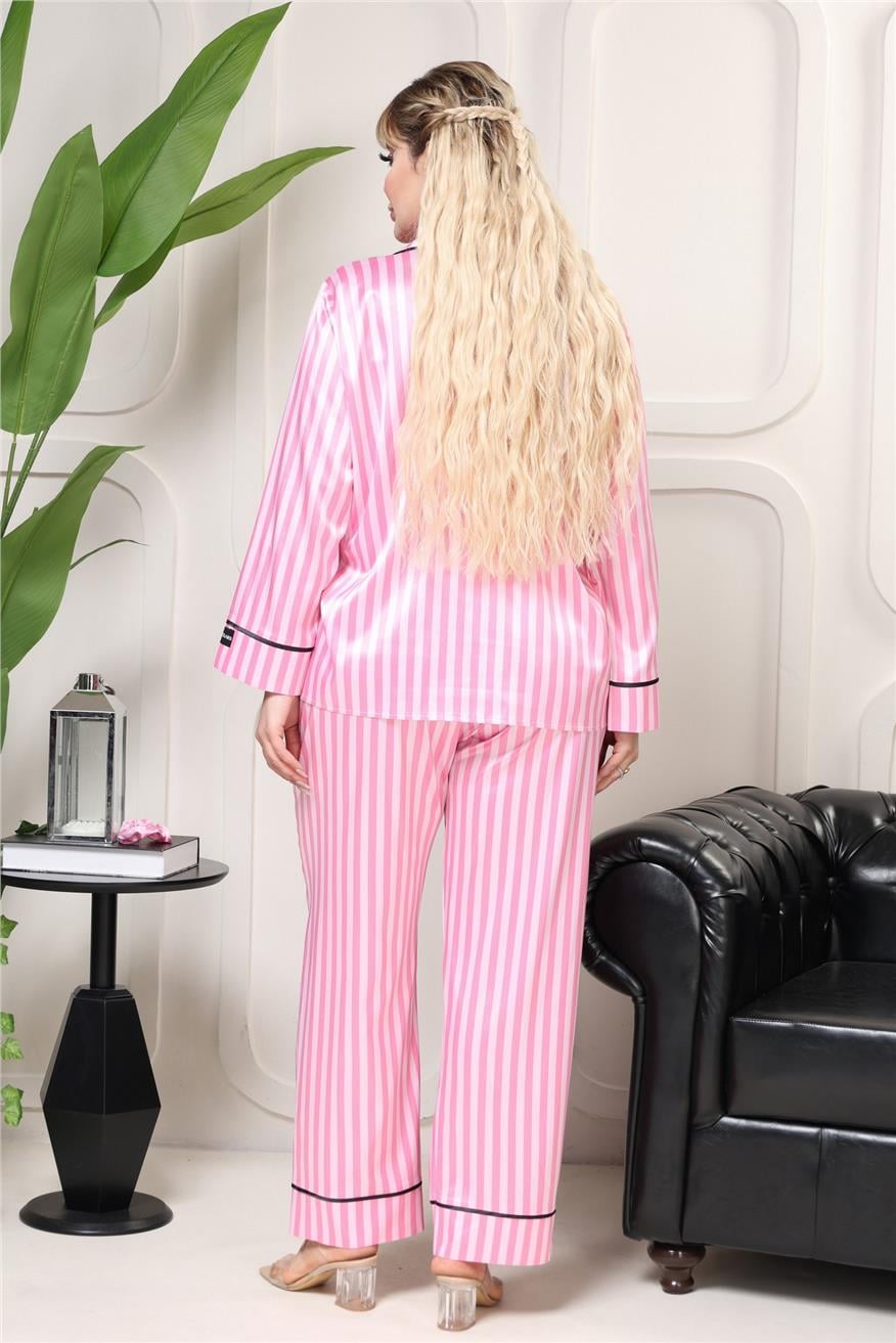 Strisce Rosa Scuro Chiaro Saten Uzun Pijama Takımı (Geniş Beden Aralığı)