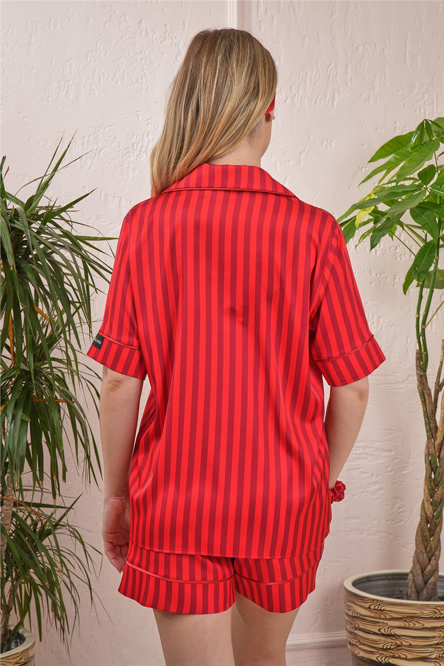 Strisce Rosse Bordeaux Saten Kısa Pijama Takımı