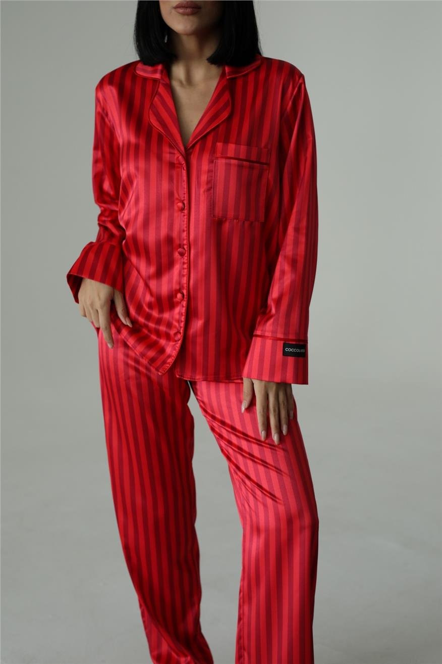 Strisce Rosse Bordeaux Saten Uzun Pijama Takımı (Geniş Beden Aralığı)