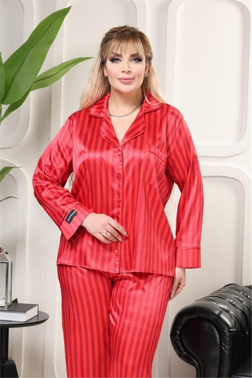 Strisce Rosse Bordeaux Saten Uzun Pijama Takımı (Geniş Beden Aralığı)